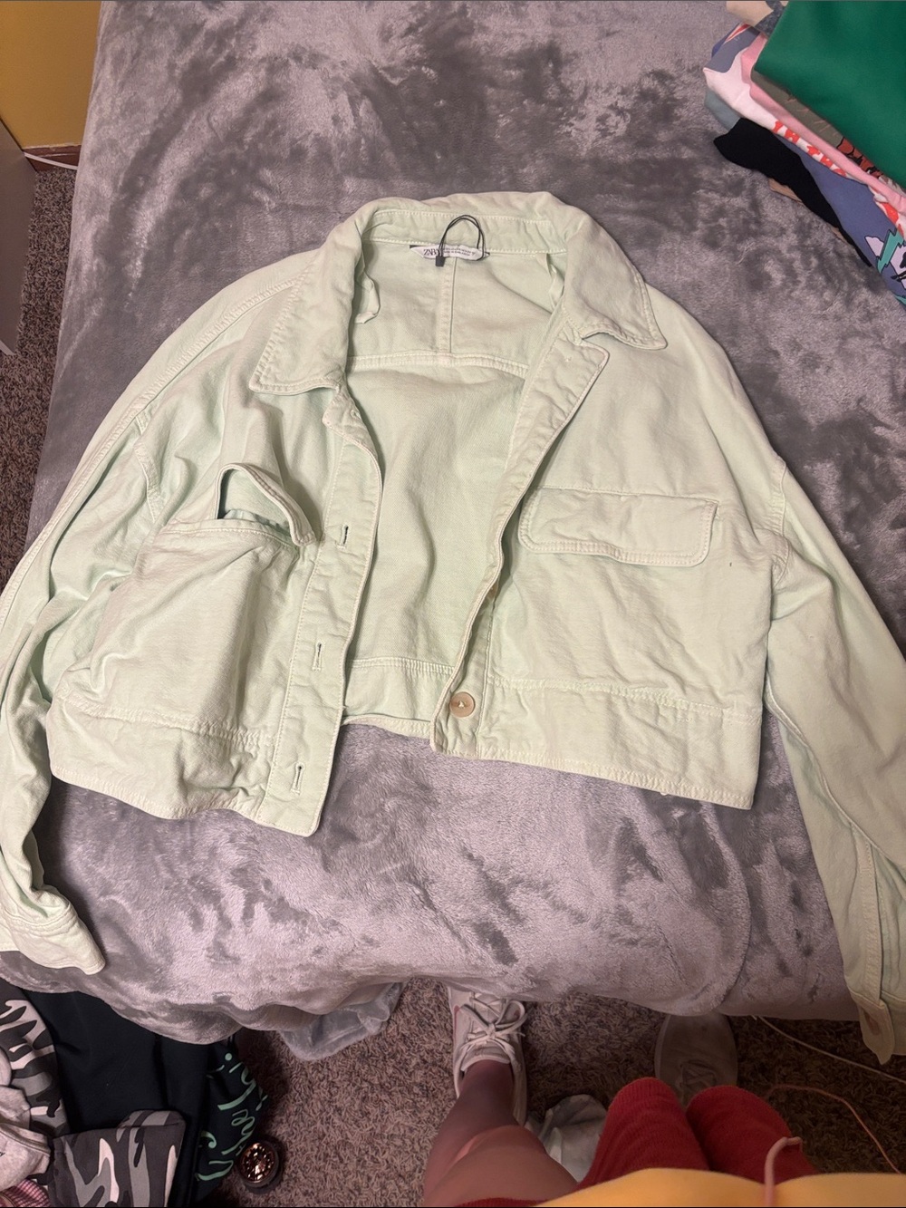 Zara Cropped Light Mint Green Denim Jacket